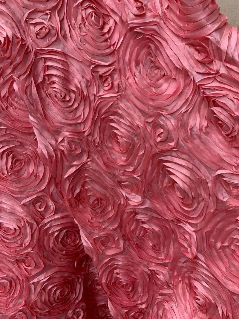 Satin Rosette Fabric - Dusty Rose - 3D Rosette Satin Floral Fabric Sold By Yard