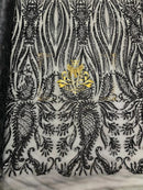 Paisley Sequin Fabric - Black - Line Pattern 4 Way Stretch Elegant Fabric By The Yard