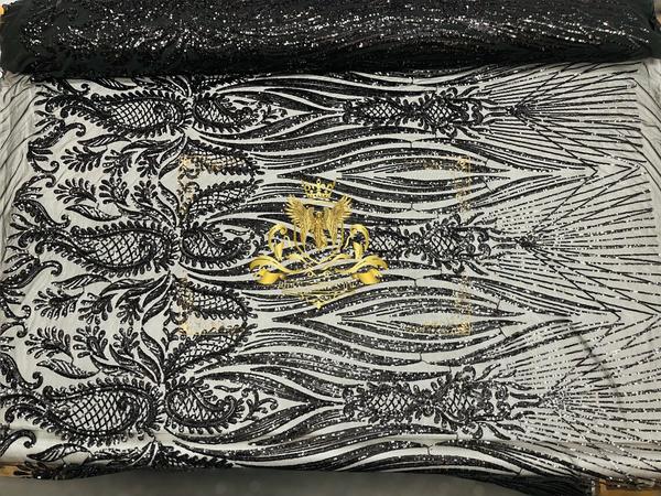 Damask Net Sequins - Orange - Design Sequins on 4 Way Stretch Sold By The Yard