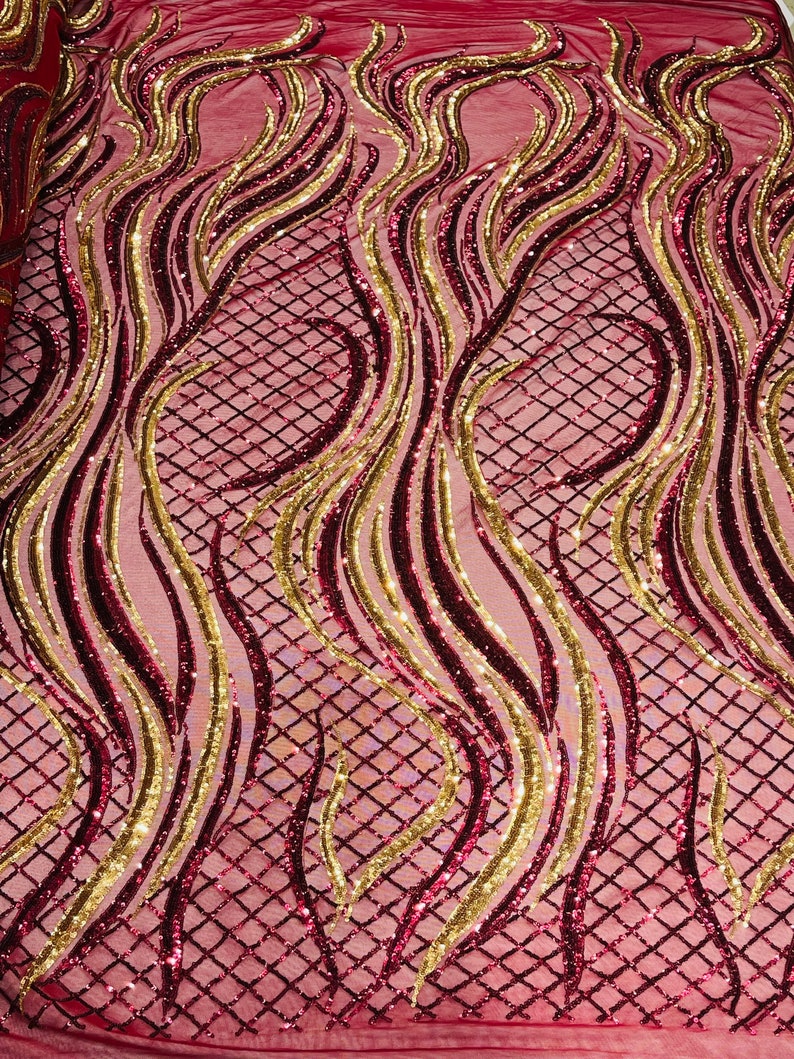 Two Tone Design - Burgundy / Gold - Wavy Lines Geometric Sequins Design 4 Way Stretch Sold By Yard