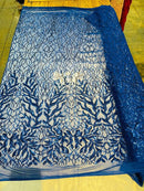 Leaf Design Sequin Fabric - Royal Blue - 4 Way Stretch Embroidered Elegant Fabric By The Yard