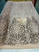 Leaf Design Sequin Fabric - Skin - 4 Way Stretch Embroidered Elegant Fabric By The Yard