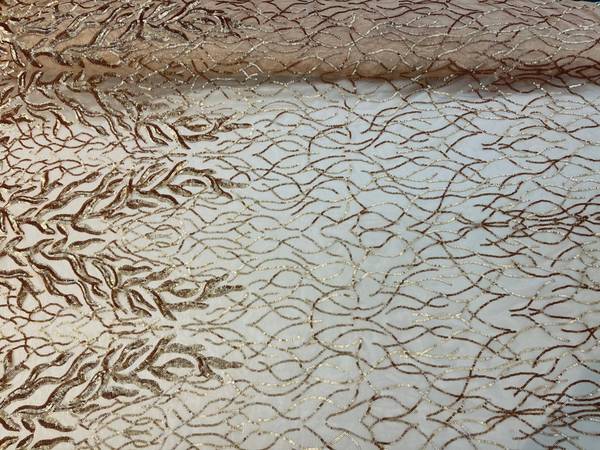 Leaf Design Sequin Fabric - Matte Gold - 4 Way Stretch Embroidered Elegant Fabric By The Yard