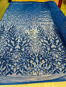 Leaf Design Sequin Fabric - Royal Blue - 4 Way Stretch Embroidered Elegant Fabric By The Yard
