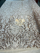 Leaf Design Sequin Fabric - Champagne - 4 Way Stretch Embroidered Elegant Fabric By The Yard