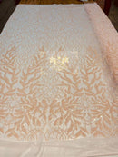 Leaf Design Sequin Fabric - Peach - 4 Way Stretch Embroidered Elegant Fabric By The Yard