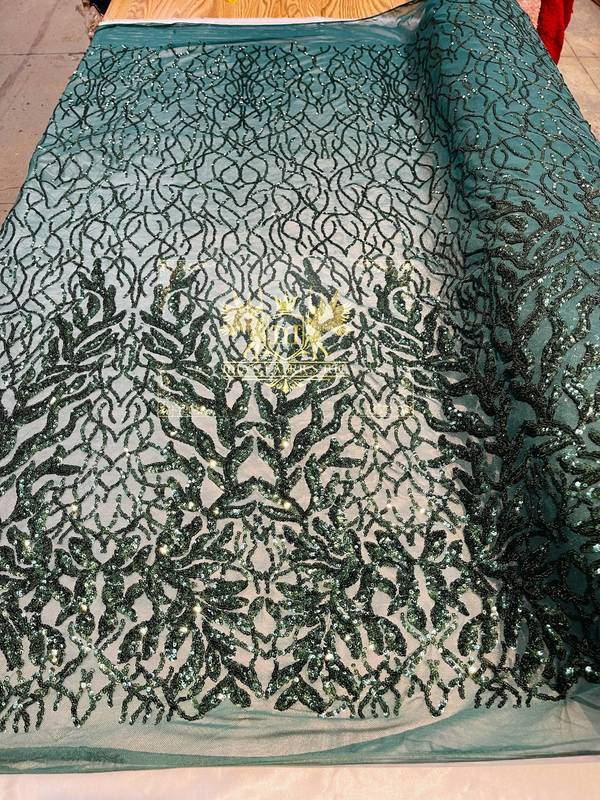 Leaf Design Sequin Fabric - Hunter Green - 4 Way Stretch Embroidered Elegant Fabric By The Yard