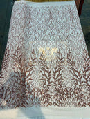Leaf Design Sequin Fabric - Rose Gold - 4 Way Stretch Embroidered Elegant Fabric By The Yard