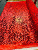 Leaf Design Sequin Fabric - Red - 4 Way Stretch Embroidered Elegant Fabric By The Yard