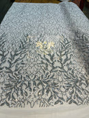 Leaf Design Sequin Fabric - Silver - 4 Way Stretch Embroidered Elegant Fabric By The Yard