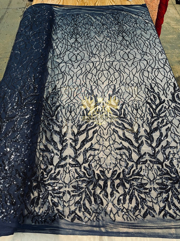 Leaf Design Sequin Fabric - Navy Blue - 4 Way Stretch Embroidered Elegant Fabric By The Yard