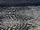 Leaf Design Sequin Fabric - Navy Blue - 4 Way Stretch Embroidered Elegant Fabric By The Yard