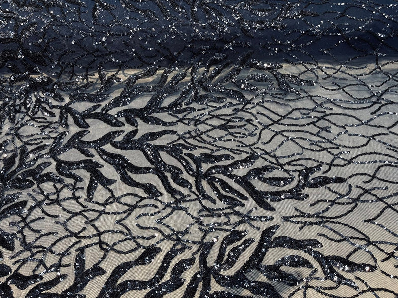 Leaf Design Sequin Fabric - Navy Blue - 4 Way Stretch Embroidered Elegant Fabric By The Yard