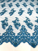 Beaded Bridal Lace - Turquoise - Sold By The Yard Floral Embroidered Sequins Wedding Fabric