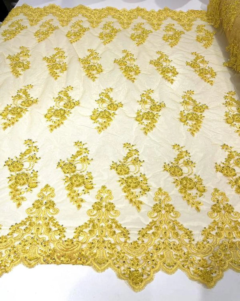 Beaded Bridal Lace - Yellow - Sold By The Yard Floral Embroidered Sequins Wedding Fabric