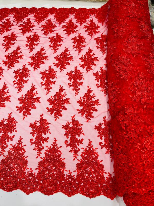 Fancy Lace Design - Red - Flower Embroidery Design Mesh Fabric By The Yard