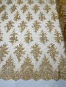 Fancy Lace Design - Champagne with Metallic Thread Flower Embroidery Design Mesh Fabric By The Yard