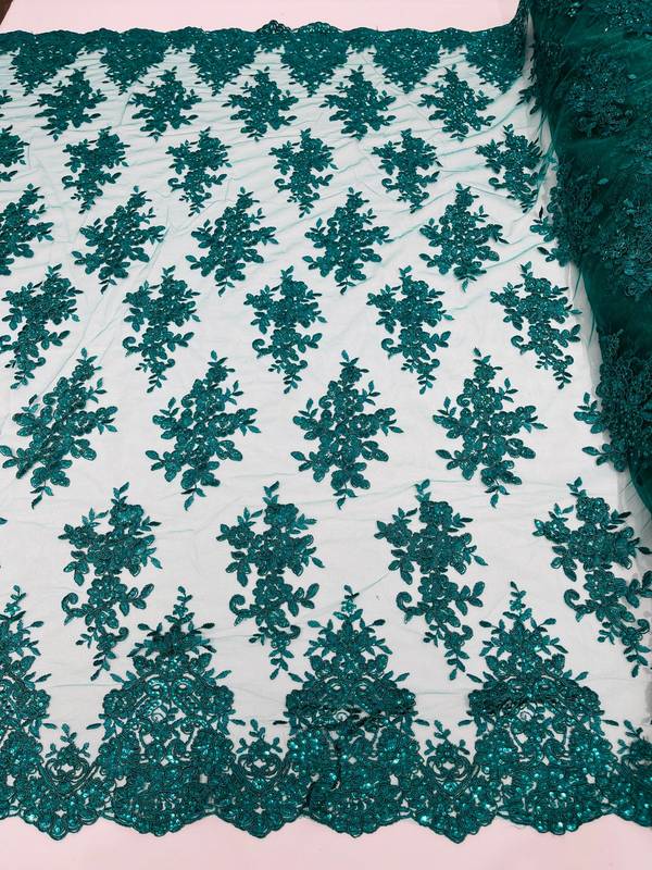 Fancy Lace Design - Hunter Green - Flower Embroidery Design Mesh Fabric By The Yard