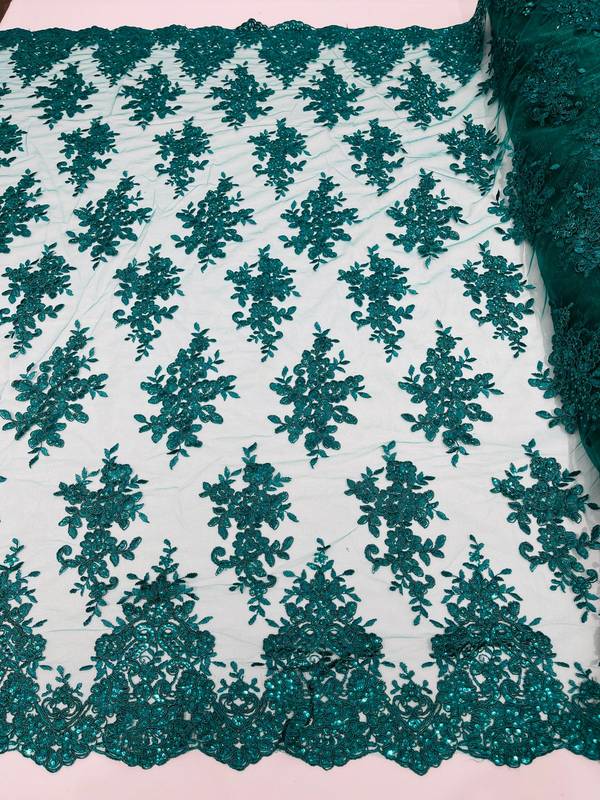 Fancy Lace Design - Hunter Green - Flower Embroidery Design Mesh Fabric By The Yard