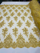 Fancy Lace Design - Gold with Metallic Thread - Flower Embroidery Design Mesh Fabric By Yard