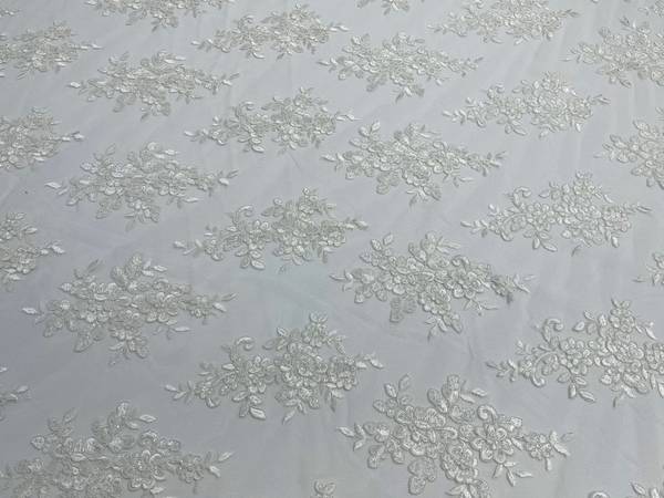 Fancy Lace Design - White - Flower Embroidery Design Mesh Fabric By The Yard