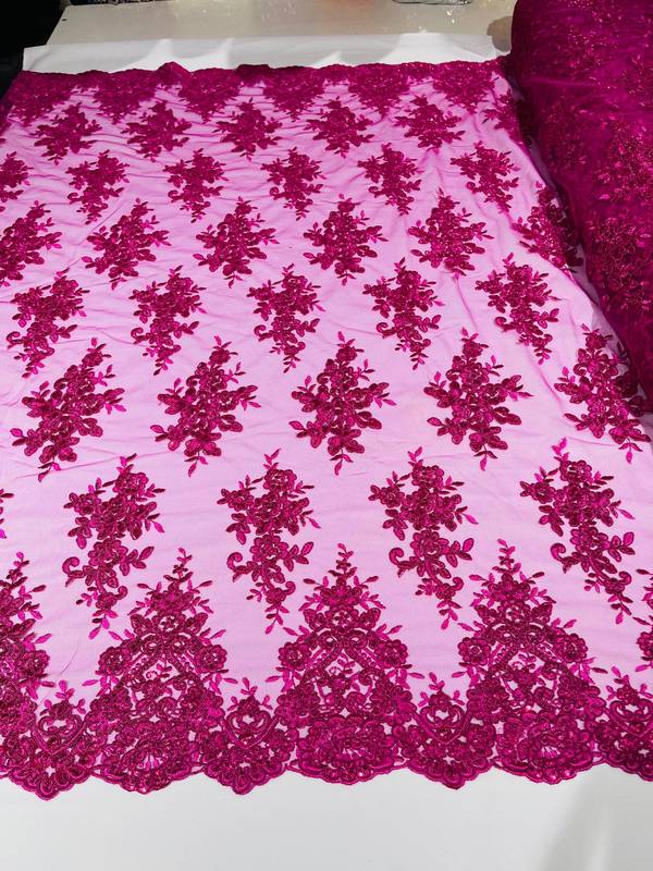 Fancy Lace Design - Fucshia - Flower Embroidery Design Mesh Fabric By The Yard