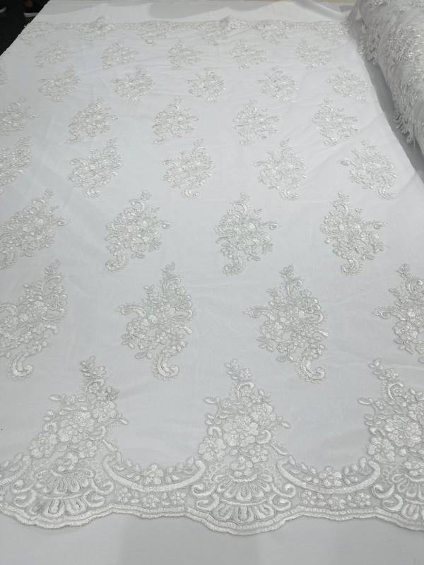 Flower Lace Fabric - White - Floral Clusters Embroidered on Mesh Lace Fabric