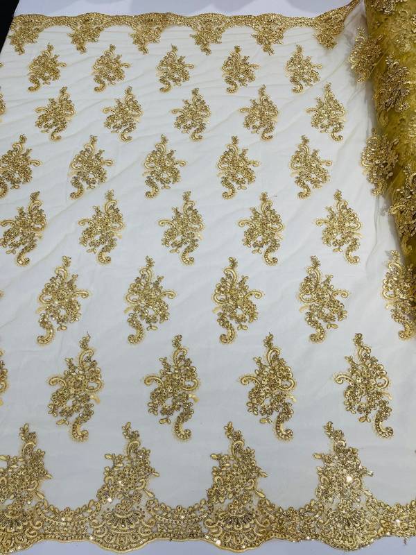 Flower Lace Fabric - Gold with Metallic Thread Floral Clusters Embroidered Mesh Lace Fabric