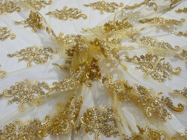 Flower Lace Fabric - Gold with Metallic Thread Floral Clusters Embroidered Mesh Lace Fabric