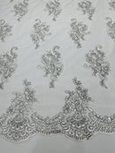 Flower Lace Fabric - White/Silver - Floral Clusters Embroidered on Mesh Lace Fabric