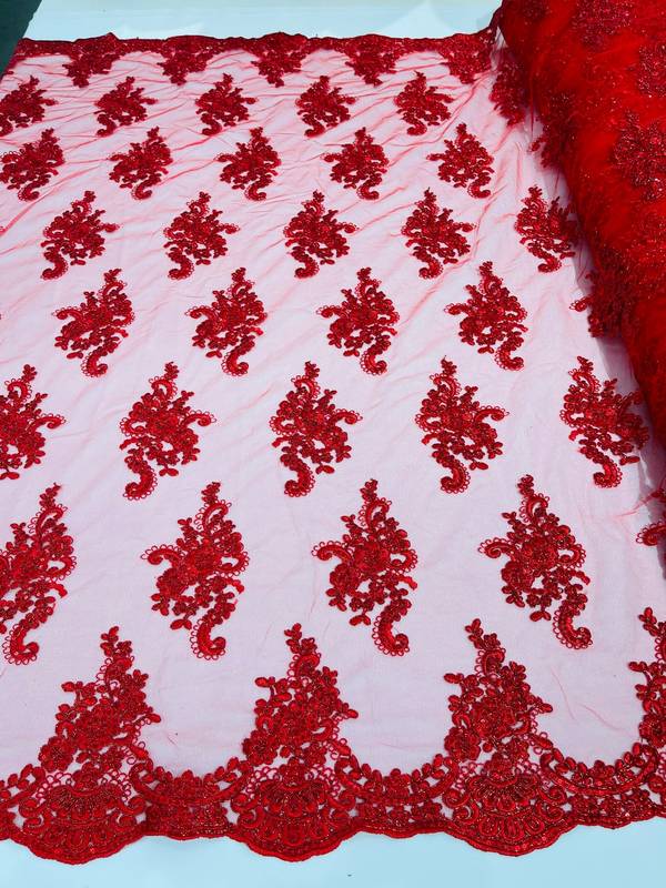 Flower Lace Fabric - Red - Floral Clusters Embroidered on Mesh Lace Fabric
