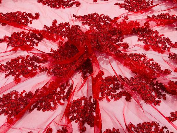 Flower Lace Fabric - Red - Floral Clusters Embroidered on Mesh Lace Fabric