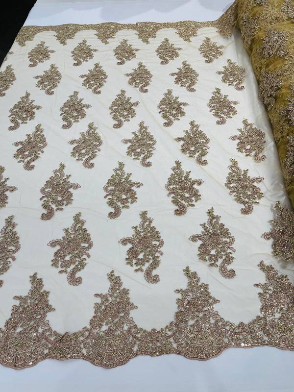 Flower Lace Fabric - Gold Rose with Metallic Thread - Floral Clusters Embroidered Mesh Lace Fabric