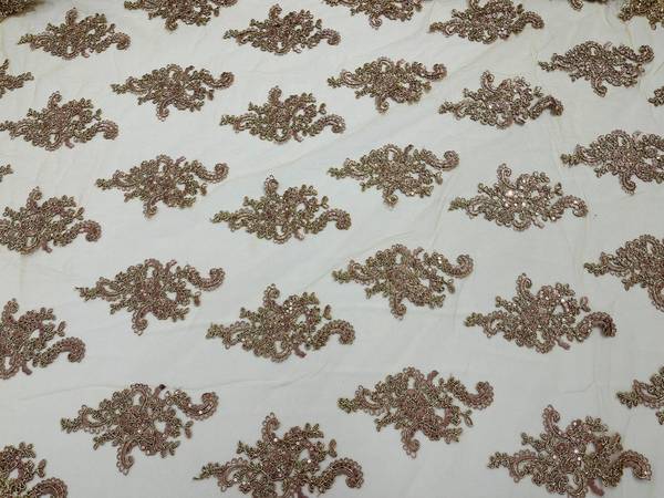 Flower Lace Fabric - Gold Rose with Metallic Thread - Floral Clusters Embroidered Mesh Lace Fabric