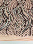 Two Tone Design - Dusty Rose / Silver - Wavy Lines Geometric Sequins Design 4 Way Stretch Sold By Yard