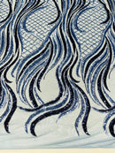 Two Tone Design - Light Blue/ Black - Wavy Lines Geometric Sequins Design 4 Way Stretch Sold By Yard