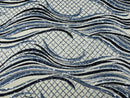 Two Tone Design - Light Blue/ Black - Wavy Lines Geometric Sequins Design 4 Way Stretch Sold By Yard