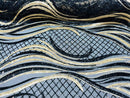 Two Tone Design - Black / Matte Gold - Wavy Lines Geometric Sequins Design 4 Way Stretch Sold By Yard