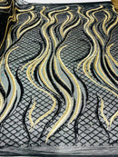 Two Tone Design - Gold / Black - Wavy Lines Geometric Sequins Design 4 Way Stretch Sold By Yard