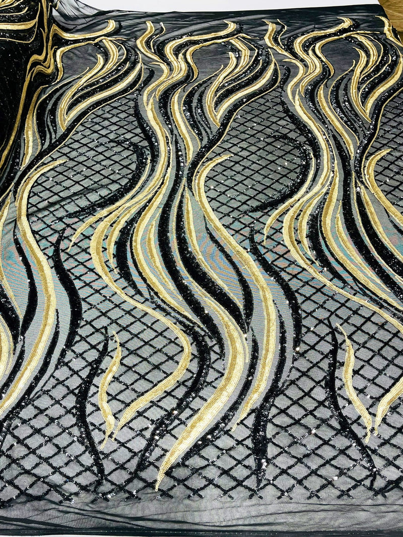 Two Tone Design - Gold / Black - Wavy Lines Geometric Sequins Design 4 Way Stretch Sold By Yard