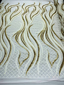 Two Tone Design - White / Matte Gold - Wavy Lines Geometric Sequins Design 4 Way Stretch Sold By Yard