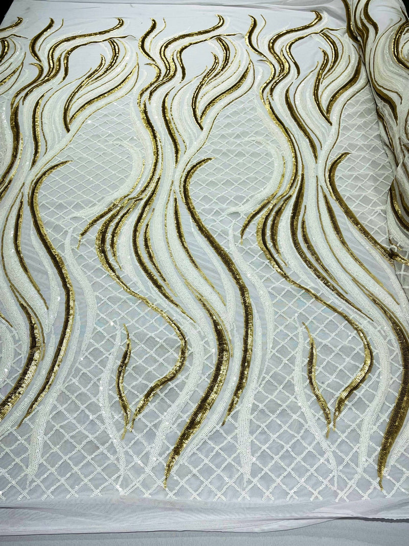 Two Tone Design - White / Matte Gold - Wavy Lines Geometric Sequins Design 4 Way Stretch Sold By Yard