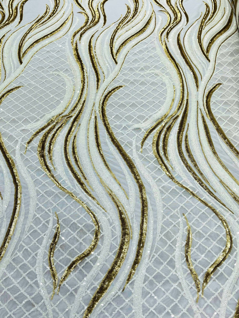 Two Tone Design - White / Matte Gold - Wavy Lines Geometric Sequins Design 4 Way Stretch Sold By Yard