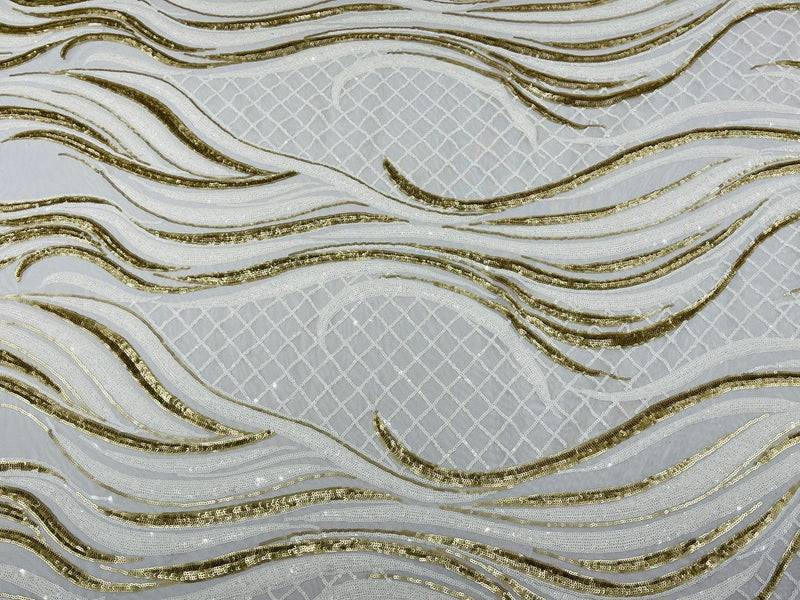 Two Tone Design - White / Matte Gold - Wavy Lines Geometric Sequins Design 4 Way Stretch Sold By Yard