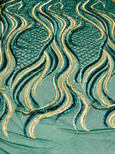 Two Tone Design - Green / Matte Gold Wavy Lines Geometric Sequins Design 4 Way Stretch Sold By Yard