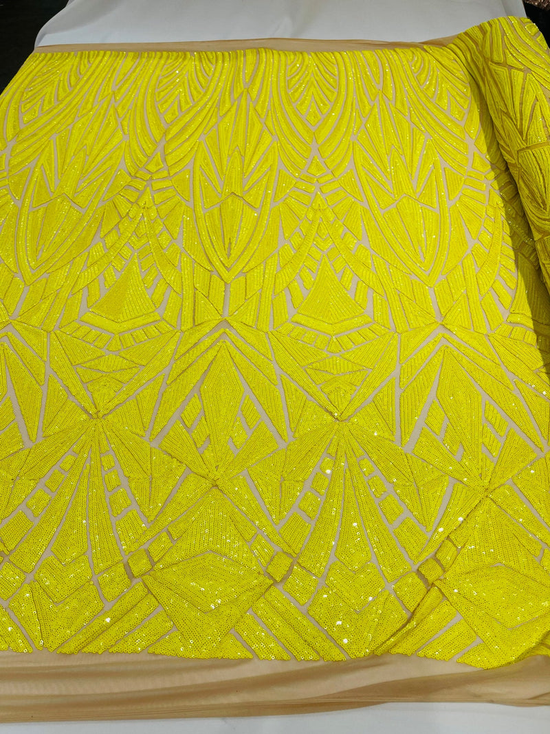 Geometric Fabric - Yellow - Geometric Sequins Pattern Design 4 Way Stretch Sold By Yard