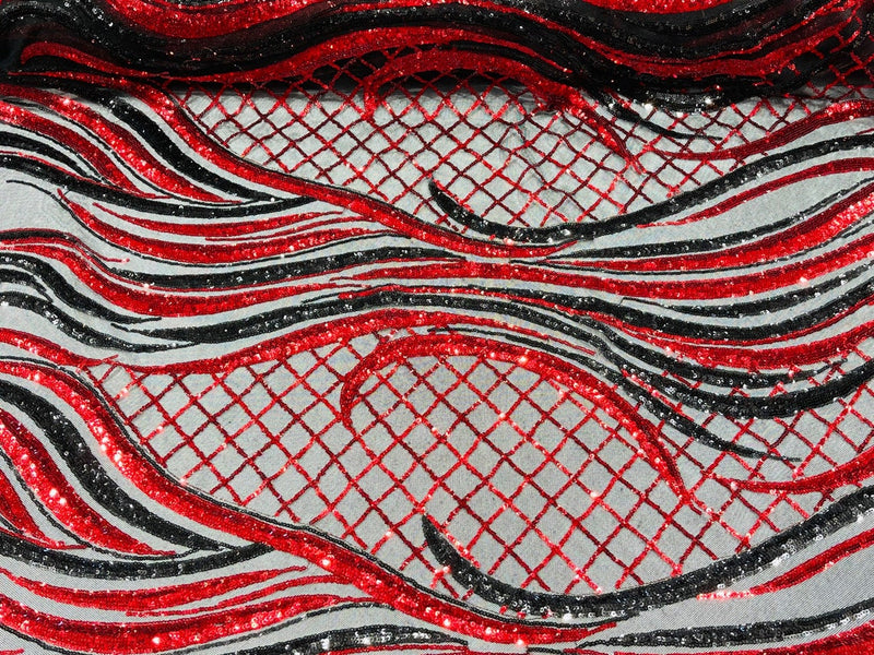 Two Tone Design - Red / Black - Wavy Lines Geometric Sequins Design 4 Way Stretch Sold By Yard