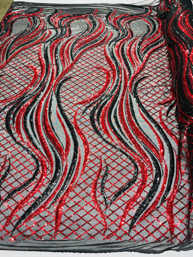 Two Tone Design - Red / Black - Wavy Lines Geometric Sequins Design 4 Way Stretch Sold By Yard