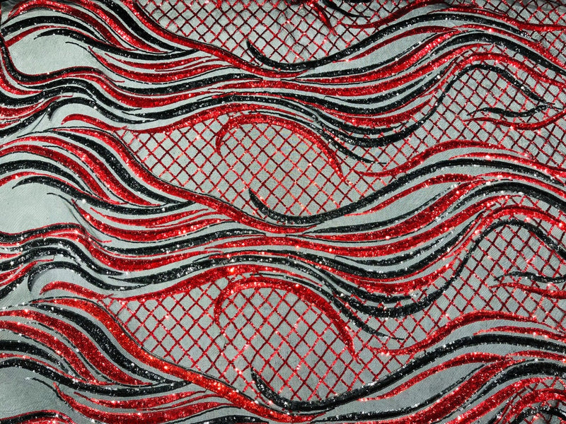 Two Tone Design - Red / Black - Wavy Lines Geometric Sequins Design 4 Way Stretch Sold By Yard