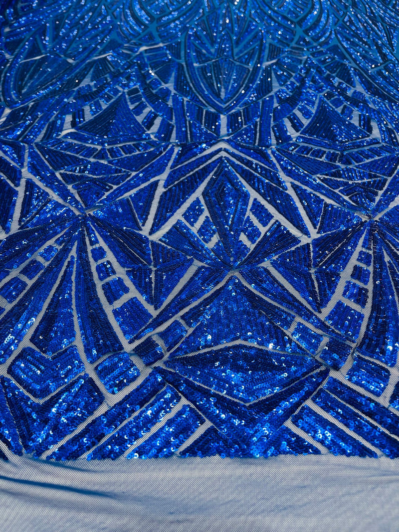 Geometric Fabric - Royal Blue - Geometric Sequins Pattern Design 4 Way Stretch Sold By Yard